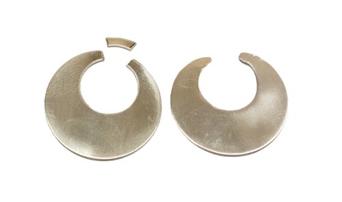 Judy Larson's Disc Cutter Earrings Remodel - , Metalwork, Cutting, Cutting Tool, Cutters, Filing, Finishing, Butane Torch, Soldering, Solder, Cut the 1⁄2” hole right at the edge of the sheet metal